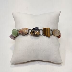 Tumbled Natural Stone Chunky Chain Link Bracelet Vintage Fashion Jewelry Boho